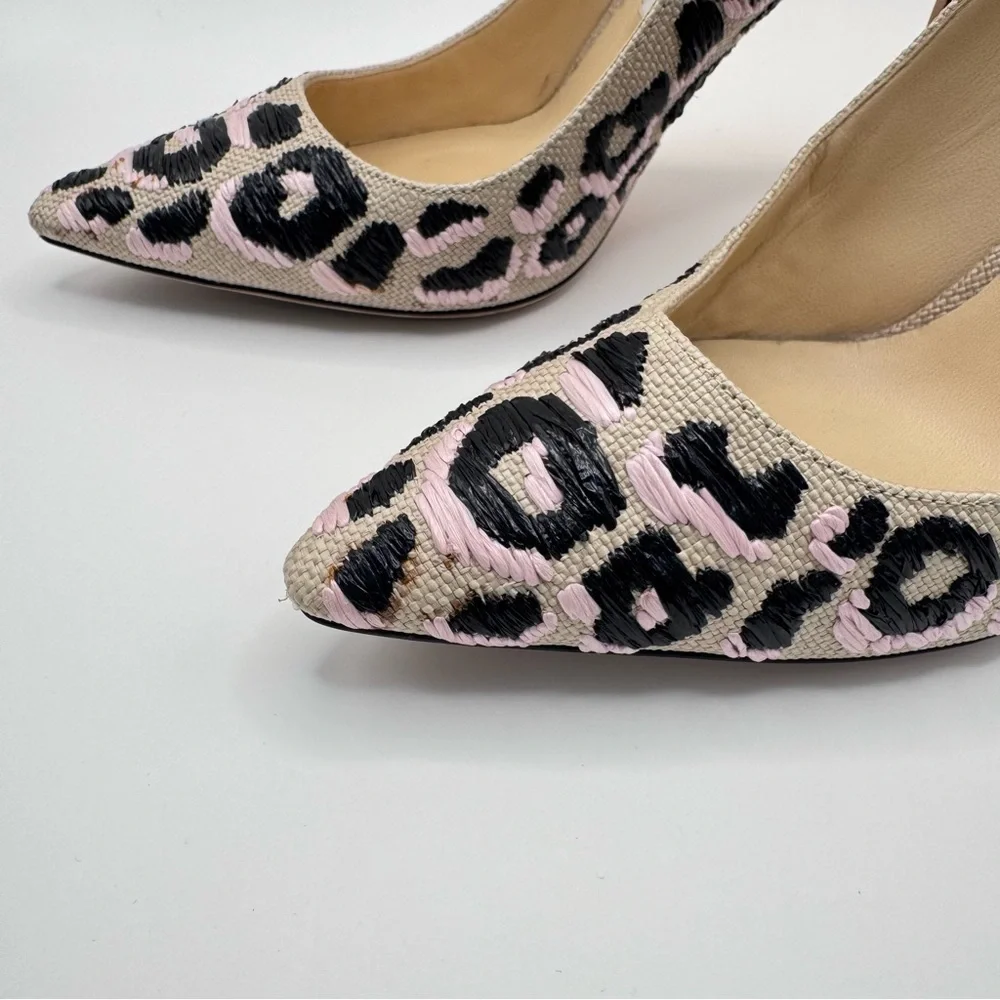 Jimmy Choo Woven Raffia Leopard Pink Black Natural Motif Romy Pumps Heels